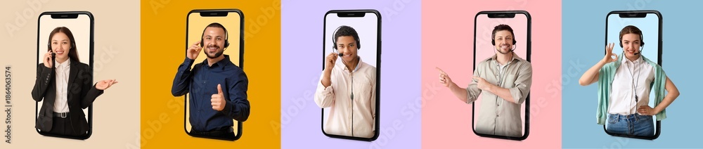 © Pixel-Shot - Set of technical support agents popping out of smartphone screens on color background