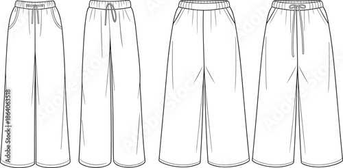 Wide leg streetwear jogger pants CAD flat vector illustration front and back view technical fashion sweatpants design template