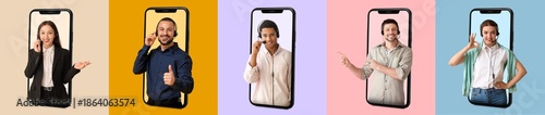 Konstfotografi Set of technical support agents popping out of smartphone screens on color backg