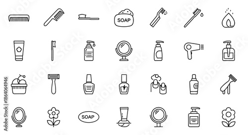 Collection of Beauty and Personal Care Icons Isolated on White Background Including Combs Soaps Mirrors and Hairdryer