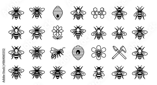 Collection of Line Art Icons Featuring Bees, Beehives, Flowers, and Honeycomb Elements on White Background