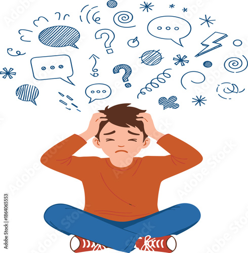 Flat vector illustration of a person experiencing mental overload stress and anxiety with chaotic thought bubbles and symbols