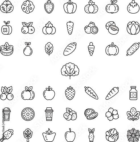 Healthy Fruits and Vegetables Icons Collection, Fresh Organic Food Assortment Graphic Symbols, Vector Set