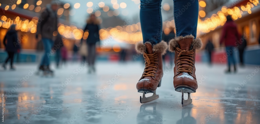 Fototapeta premium Person ice skating at outdoor rink, festive lights strung overhead. Cozy fur lined boots suggest winter fun. People skate around this popular holiday destination.