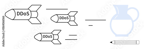 Cybersecurity, data protection, online safety, threat analysis, risk mitigation, IT security. Three missiles labeled DDoS moving toward a pitcher and pencil. Cybersecurity and data protection concept