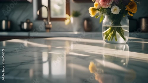 A bright kitchen interior featuring a marble countertop with a vase of colorful flowers bathed in sunlight, creating reflections.