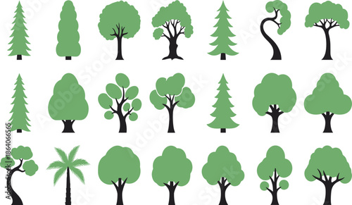 Flat vector tree silhouette set featuring diverse forest and tropical species including pine fir oak and palm trees
