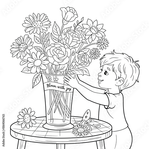 Child admiring a bouquet of flowers isolated on white background, Vector, illustration