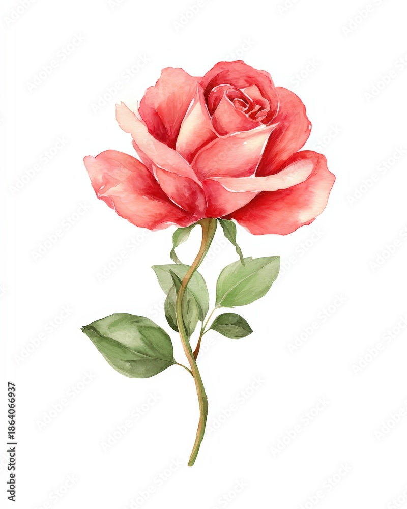 Obraz premium Red rose with light pink edges and green leaves on a single stem