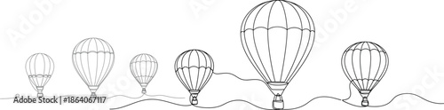 A whimsical line drawing illustrates a row of hot air balloons ascending over rolling hills under a clear sky, evoking a sense of adventure and freedom