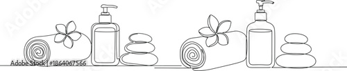 Elegant continuous line art capturing essential spa elements soft rolled towels, tranquil stacked stones, and refreshing lotion bottles, symbolizing serene wellness and self-care