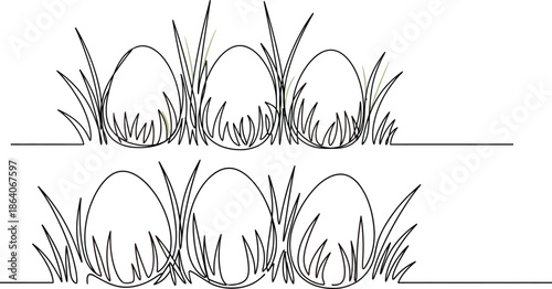 Minimalist continuous line art illustration of hidden Easter eggs nestled in lush green grass, symbolizing spring, renewal, and joyous celebrations