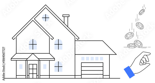 Real estate, home ownership, property investment, mortgage, financial planning, wealth creation. Outline of a house with a garage and a hand dropping coins. Real estate and property investment