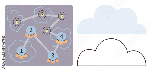 Cybersecurity, data protection, cloud services, network connection, encryption, data sharing. Connected nodes with locks and stars a single cloud outline. Cybersecurity and data protection concept