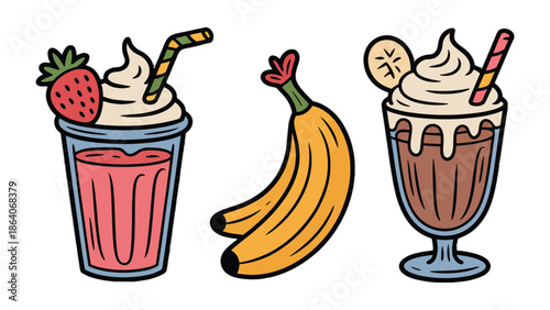 Tropical Smoothie Selection: Vibrant illustration of refreshing tropical smoothies, adorned with fresh fruits and creamy toppings, perfect for a sunny day. 