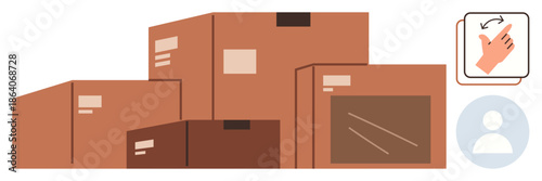 Logistics, e-commerce, shipment tracking, delivery, packaging, warehouse management. Various cardboard boxes stacked together, with icons interaction and a user profile. Logistics and e-commerce
