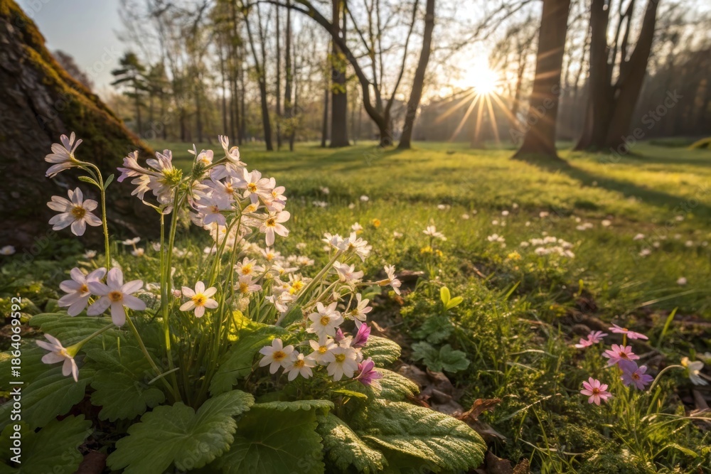 Fototapeta premium Delicate wildflowers bloom in a sun-dappled forest clearing during a tranquil spring morning.