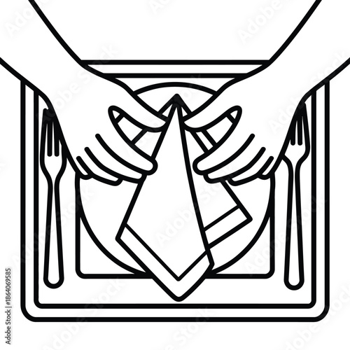 Hands folding napkin with utensils isolated on white background, Vector, illustration