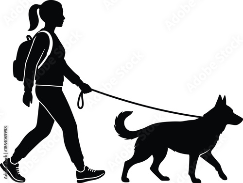 Silhouette of person walking dog, casual outfit with backpack, outdoor pet activity, companionship and exercise theme - flat vector illustration