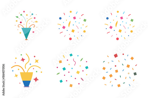 Celebration Party Popper Vector Icon Set with Colorful Confetti Bursts.