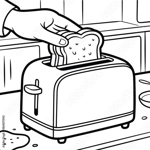 Hand placing bread in toaster isolated on white background, Vector, illustration