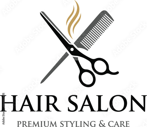 Hair salon logo illustration—vector of scissors, comb, golden strands, and premium styling text