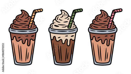 A Trio of Temptation:  Three vibrantly illustrated iced coffee drinks stand side by side, topped with swirls of whipped cream, inviting the viewer into a refreshing indulgence. 