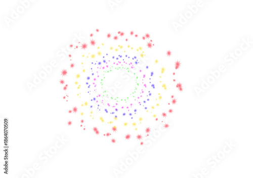 Colorful sparkles and stars arranged in a circular pattern on a white background creating a festive atmosphere on transparent background. 