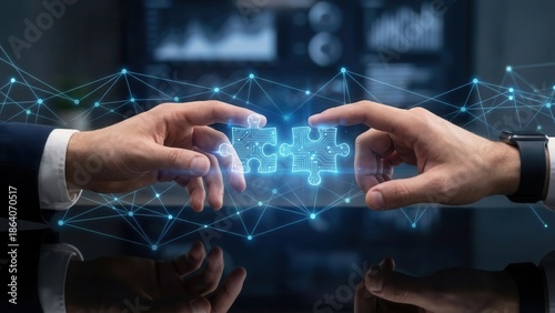 Hands Connecting Digital Puzzle Pieces. Ai generation