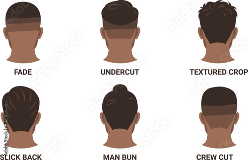 Back-view icon set of six labeled men’s hairstyles including fade, undercut, crop, slick back, man bun, and crew cut