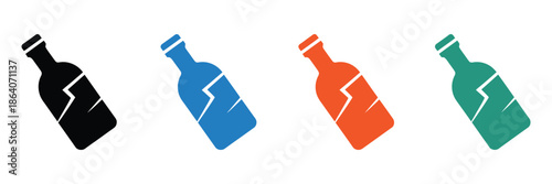 Broken glass bottle icon featuring colorful cracked bottles in four colors, isolated on white background, ideal for warning signs