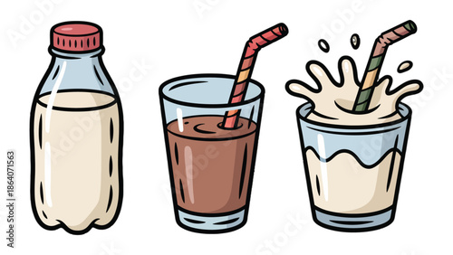 Refreshments on Display: An array of refreshing beverages, showcasing a bottled drink alongside chocolate and milkshake, enticing and offering a taste of delight.