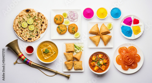 Wallpaper Mural Happy Holy concept showing Indian assorted lunch food like chicken, paneer butter masala, naan, jeera rice, black chana fry, jalebi, fujiyama, thandai and Farsan with holi colours and ... Torontodigital.ca