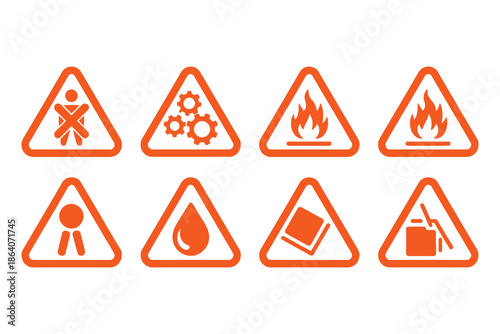 Set of Five Red Triangular Warning Hazard Safety Signs Icons