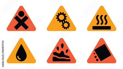Set of Six Orange Triangular Hazard Warning Safety Signs Icons