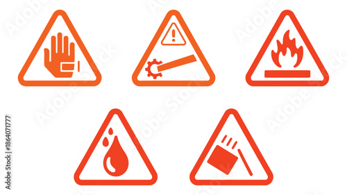 Set of Five Red Triangular Warning Hazard Safety Signs Icons