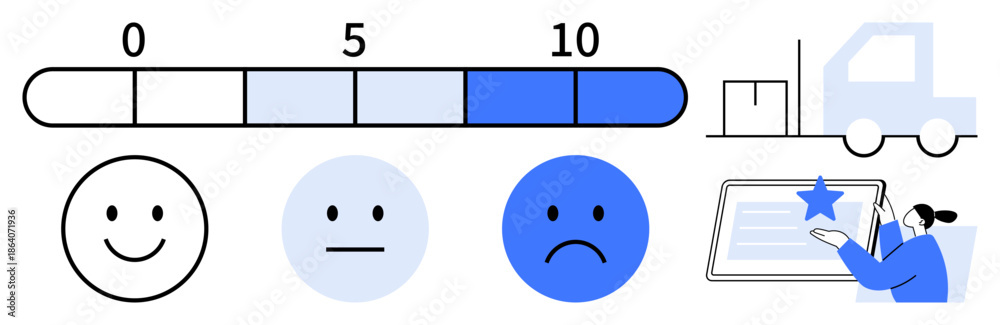 Fototapeta premium Customer reviews, satisfaction analysis, logistics, e-commerce evaluation, user feedback, quality ratings. happy faces, rating scale and delivery truck. Customer reviews and satisfaction analysis