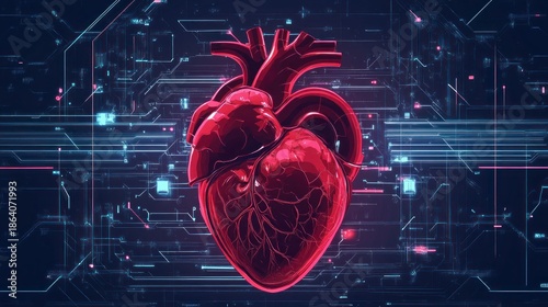 Anatomical heart rendered in vibrant red against a digital background