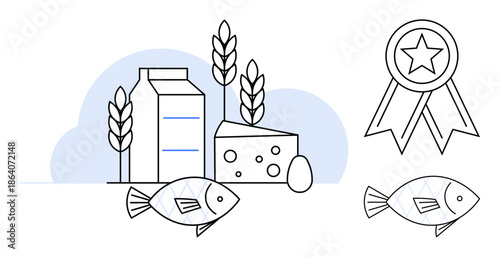 Sustainable food production, organic farming, quality standards, eco-friendly practices, nutrition, health. Milk carton, cheese egg fish wheat and award ribbon. Sustainable food and quality