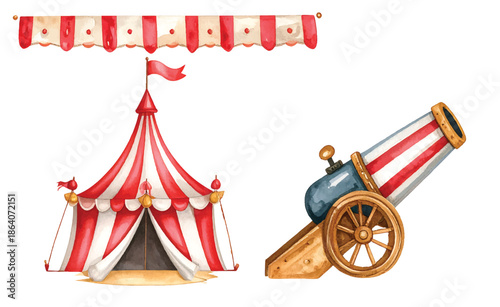 Watercolor Circus Tent and Cannon Illustration on White Background vector illutrastion transparent background