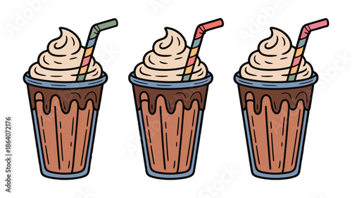Trio of Delicious Milkshakes: Delightful illustration of three tempting milkshakes, each with a swirl of creamy topping and a colorful straw. A refreshing indulgence.