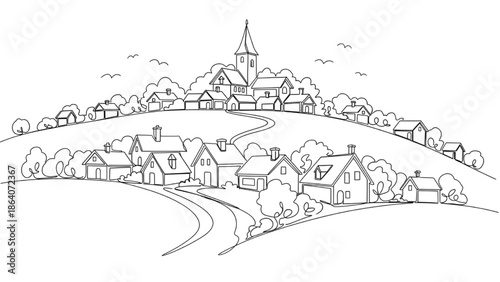 Quaint Village with Church Steeple on Hilltop, Black and White Line Drawing