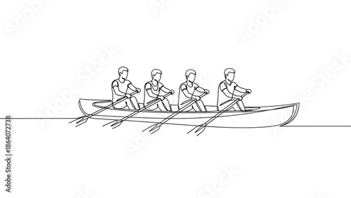 Rowing Team in Action on Water Continuous Line Art