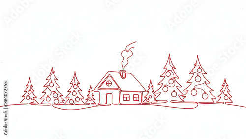 Cozy House with Smoking Chimney Surrounded by Pine Trees in Winter Landscape