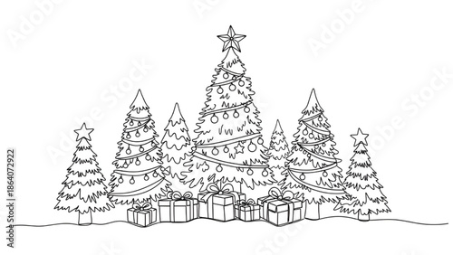 Christmas Trees with Gifts and Stars on White Background