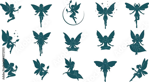 Professional Silhouette Collection of Various Winged Fairies in Magical Poses, Pixie and Sprite Character Set, Transparent Background