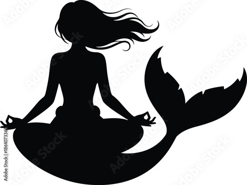 Elegant Black Silhouette of a Mermaid in a Yoga Meditation Pose, Zen Mythological Sea Creature Graphic, Transparent Background