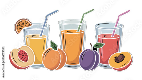 Refreshing Burst of Flavors: An artful composition showcases a trio of colorful fruit juices, each paired with its respective fruit, promising a symphony of natural flavors.