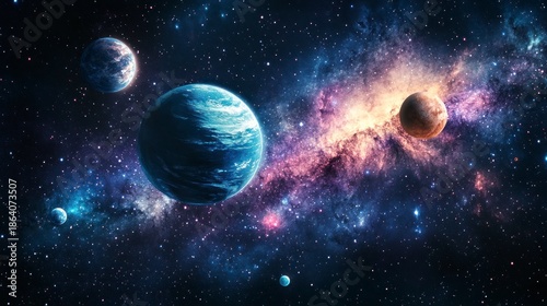 Cosmic panorama showcasing planets and galaxies in a vibrant nebula backdrop