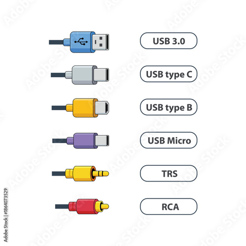 Illustrated set of common cable connectors including USB types and audio plugs, clearly labeled for easy identification and tech education.